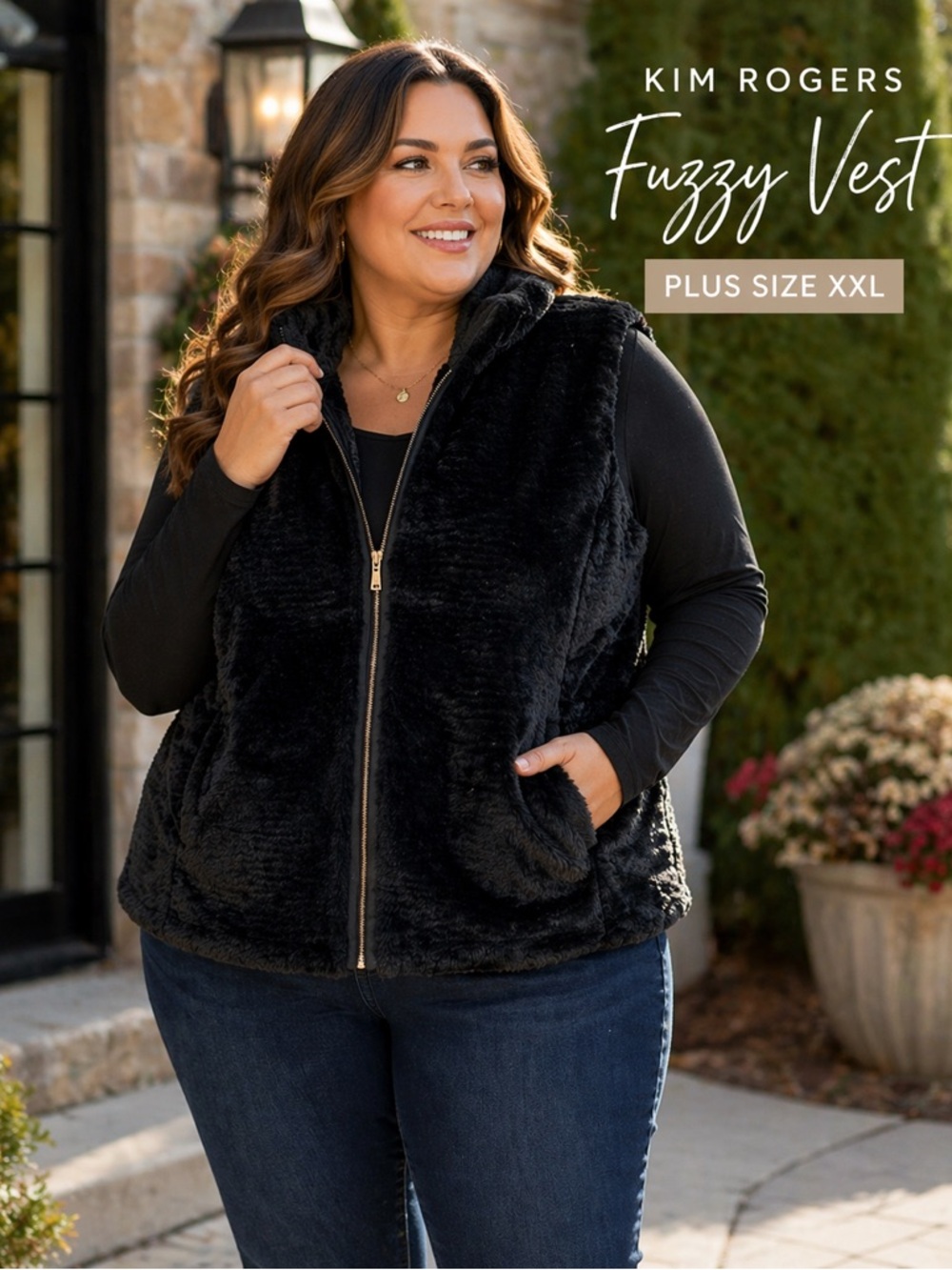 🔥Kim Rogers Black Fuzzy Vest Cozy Luxe Zip Vest | Plus Size Chic Outdoor Layer